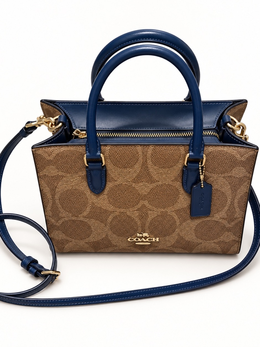 Coach Brown Signature Satchel with Navy Trim and Strap